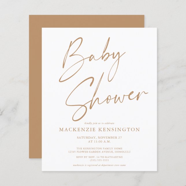 Budget Tan Handwritten Script Baby Shower Invite (Front/Back)