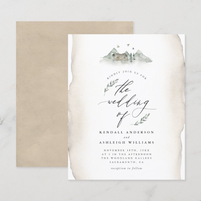Budget Tan Watercolor Leaves & Mountain Wedding (Front/Back)