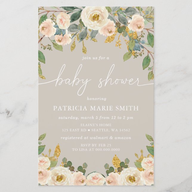 Budget Taupe Peach Floral Baby Shower Invitation (Front)