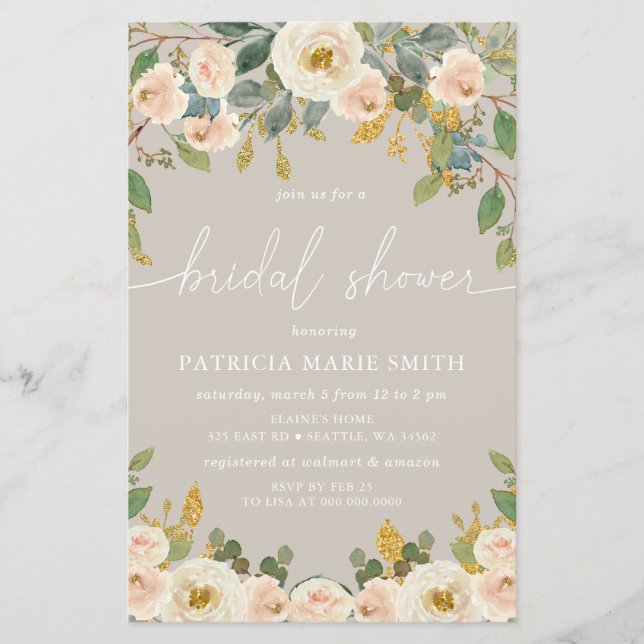 Budget Taupe Peach Floral Bridal Shower Invitation (Front)