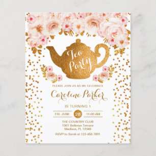 Budget Tea Party Birthday - Gold White Pink Invite Flyer
