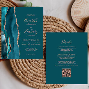 Budget Teal Agate Rose Gold QR Code Wedding Invite