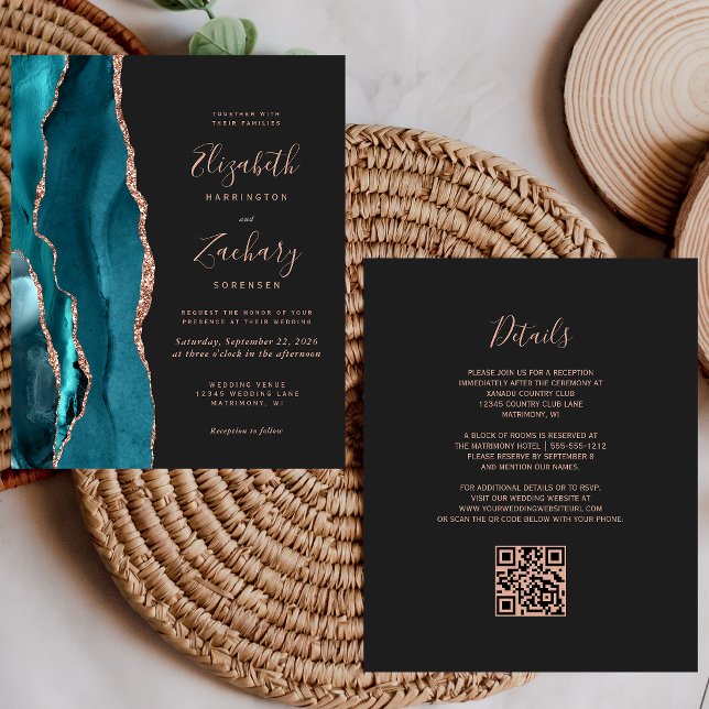 Budget Teal Agate Rose Gold QR Code Wedding Invite (Creator Uploaded)