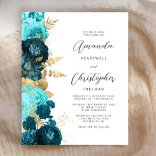 Budget Teal Aqua Floral Gold Script Wedding Invite