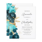 Budget Teal Aqua Floral Gold Script Wedding Invite