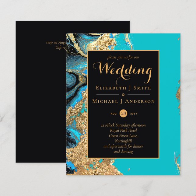 BUDGET Teal Aqua Gold Agate Wedding Invite (Front/Back)