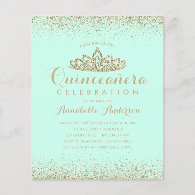 Budget Teal Aqua Gold Quinceañera Tiara Invite (Front)