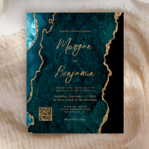 Budget Teal Blue Agate QR Code Wedding Invite