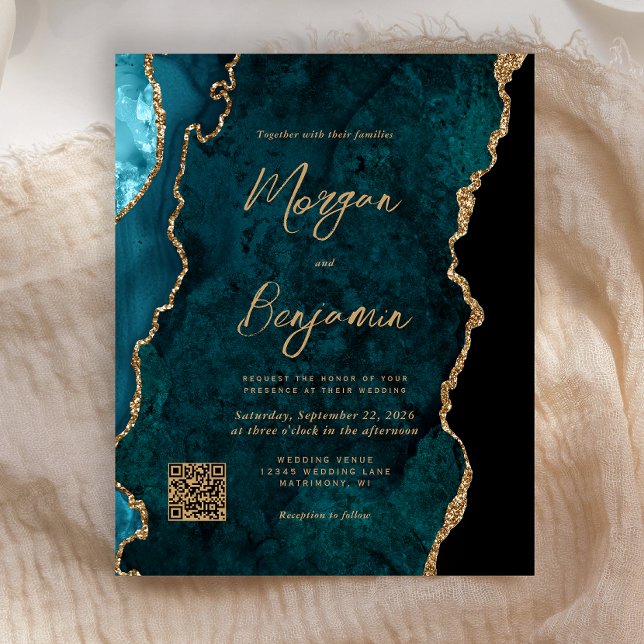 Budget Teal Blue Agate QR Code Wedding Invite (Creator Uploaded)