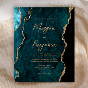 Budget Teal Blue Agate Script Wedding Invite