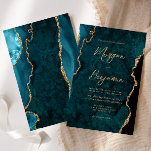 Budget Teal Blue Agate Script Wedding Invite