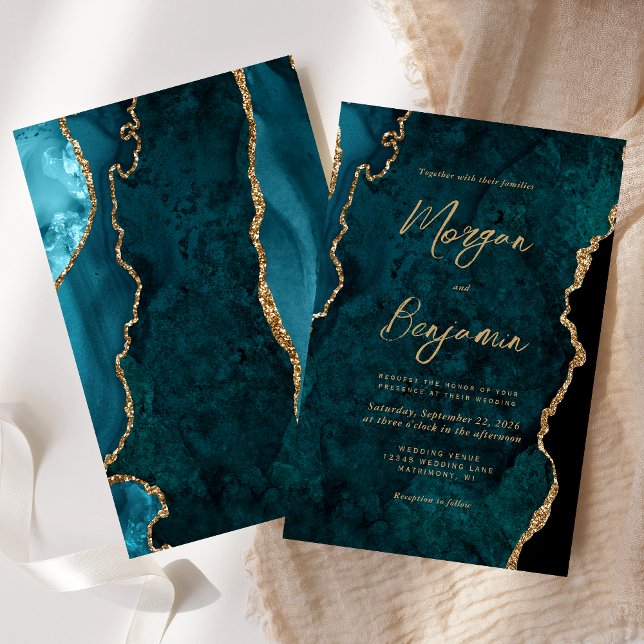 Budget Teal Blue Agate Script Wedding Invite (Creator Uploaded)
