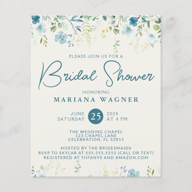 Budget Teal Blue Beige Wildflowers Bridal Shower (Front)