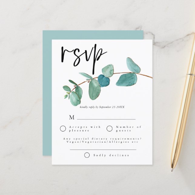 Budget Teal Blue Eucalyptus leaves Wedding RSVP (Front/Back In Situ)