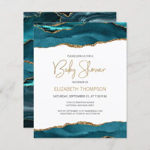Budget Teal Blue Gold Agate Baby Shower Invitation