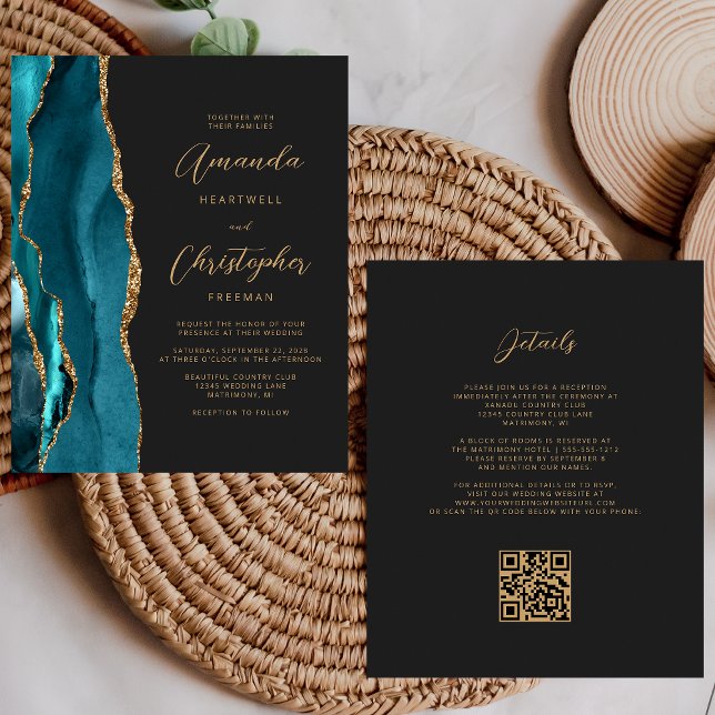 Budget Teal Blue Gold Agate Dark QR Code Wedding (Creator Uploaded)