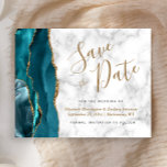 Budget Teal Blue Gold Agate Marble Save the Date<br><div class="desc">This elegant budget save the date card features a teal blue watercolor agate border trimmed with faux gold glitter. The customisable text combines black and gold-coloured handwriting script,  copperplate and italic fonts on a grey and white marble background. The reverse side features a matching teal and gold agate design.</div>