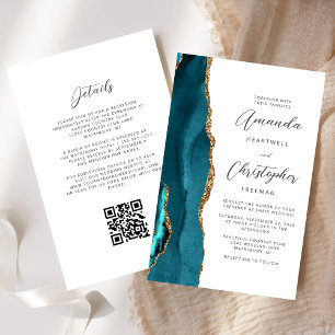 Budget Teal Blue Gold Agate QR Code Wedding