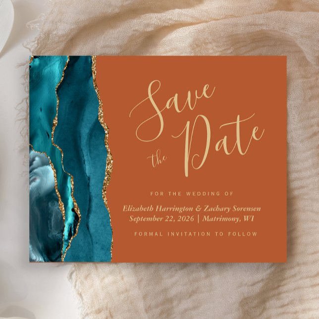 Budget Teal Blue Gold Agate Rust Save the Date (Creator Uploaded)