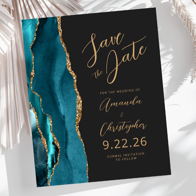 Budget Teal Blue Gold Agate Script Save the Date (Creator Uploaded)