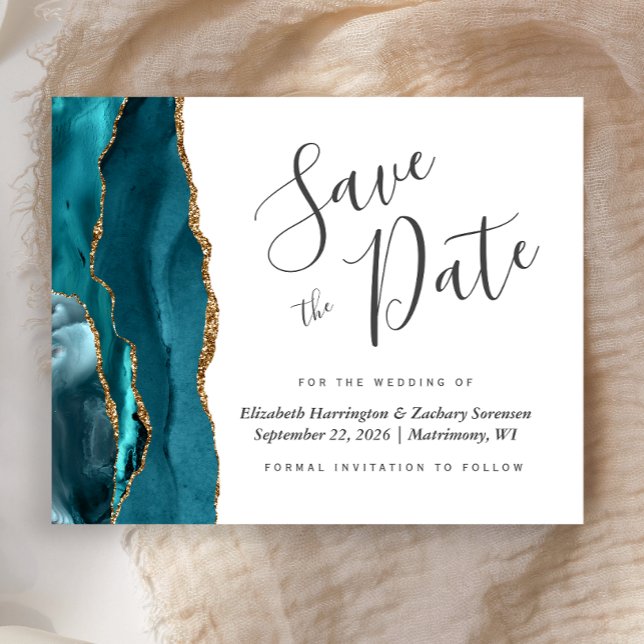 Budget Teal Blue Gold Agate Wedding Save the Date (Creator Uploaded)