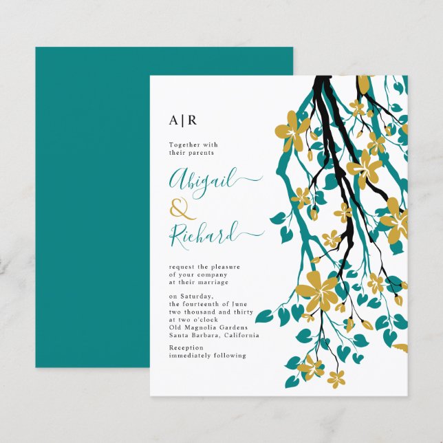 BUDGET Teal blue, gold floral wedding invitation (Front/Back)