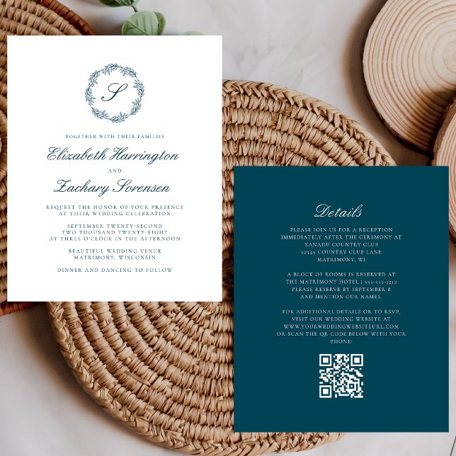 Budget Teal Blue Monogram Wreath QR Code Wedding (Creator Uploaded)