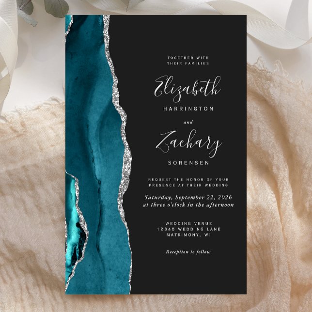 Budget Teal Blue Silver Agate Dark Wedding Invite (Creator Uploaded)