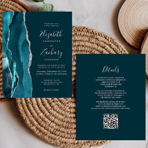 Budget Teal Blue Silver Agate QR Code Wedding