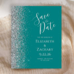Budget Teal Blue Silver Save the Date Card<br><div class="desc">The left-hand edge of this elegant modern wedding save the date card features a silver faux glitter border. The customisable text combines silver grey handwriting,  copperplate and italic fonts on a teal blue background. The reverse side features a matching teal and silver design.</div>
