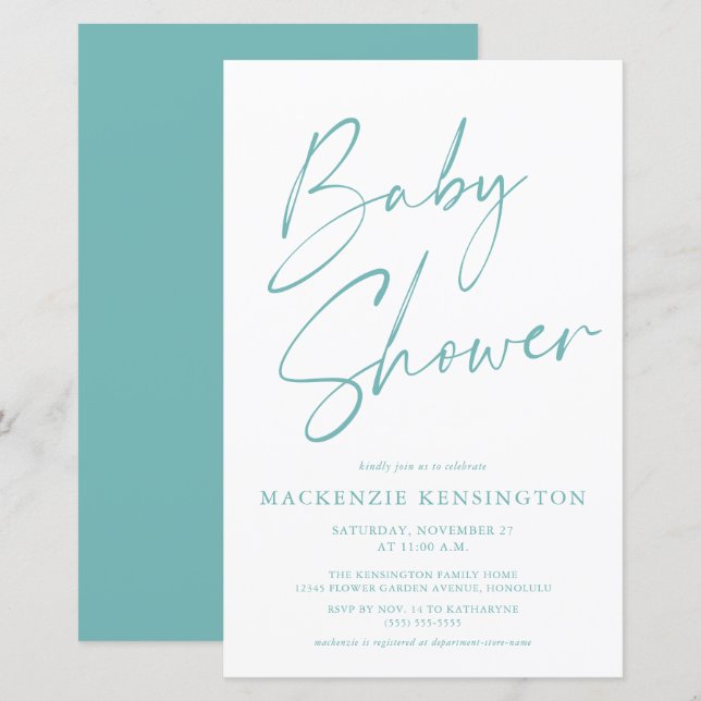 Budget Teal Blue Simple Script Baby Shower (Front/Back)