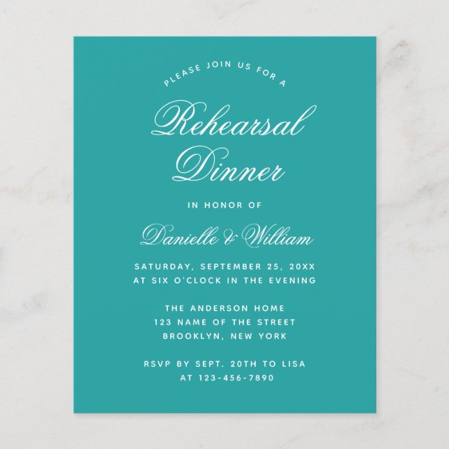 Budget Teal Blue White Rehearsal Dinner Invitation (Front)