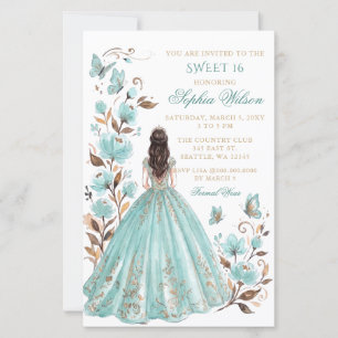 Budget Teal Floral Butterfly Princess Sweet 16