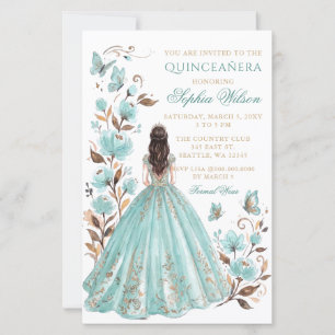 Budget Teal Floral Princess Butterfly Quinceañera