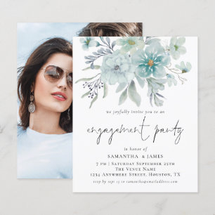 Budget Teal Florals Photo Engagement Party Invite