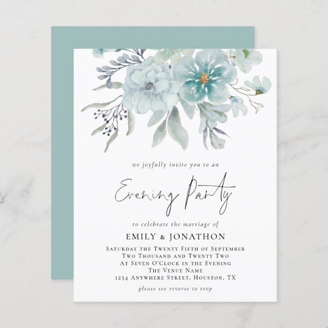 Budget Teal Florals QR Code Wedding Evening Party (Front/Back)