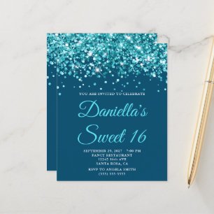 Budget Teal Glitter Ocean Blue Sweet 16 Invite