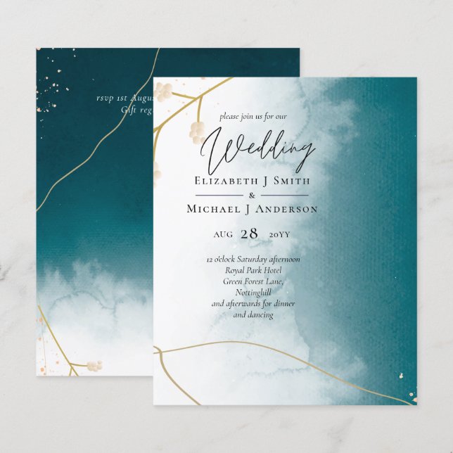 BUDGET Teal Gold Abstract Wedding Invite (Front/Back)