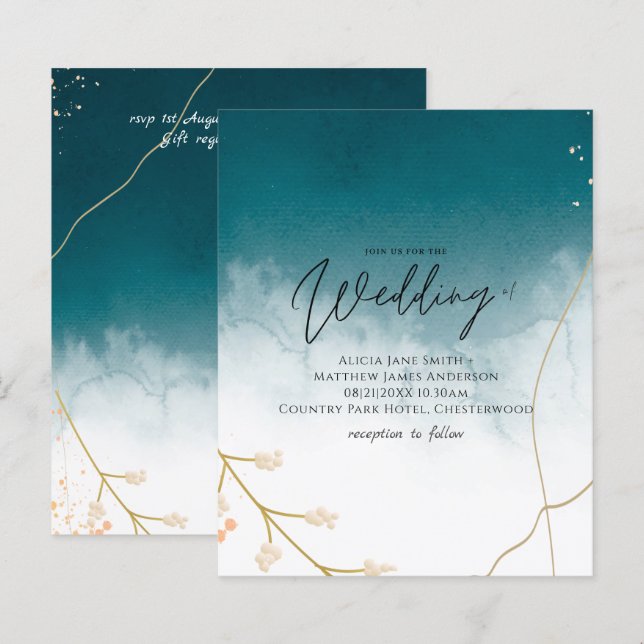 BUDGET Teal Gold Abstract Wedding Invite (Front/Back)