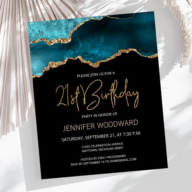 Budget Teal Gold Agate 21st Birthday Invitation (Creator Uploaded)