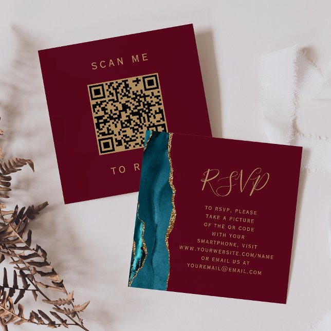Budget Teal Gold Agate Burgundy QR Code RSVP Enclosure Card (Creator Uploaded)