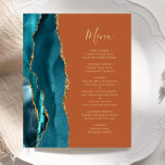 Budget Teal Gold Agate Burnt Orange Wedding Menu<br><div class="desc">The left-hand edge of this elegant modern wedding menu features a teal blue watercolor agate border trimmed with faux gold glitter. The customisable text combines gold-coloured handwriting script and copperplate fonts on a burnt orange background. The reverse side features a matching teal and gold agate design.</div>