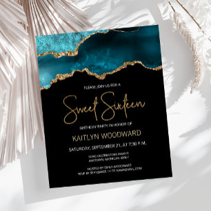 Budget Teal Gold Agate Dark Sweet 16 Invitation