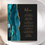 Budget Teal Gold Agate Dark Wedding Menu<br><div class="desc">The left-hand edge of this elegant modern wedding menu features a teal blue watercolor agate border trimmed with faux gold glitter. The customizable text combines gold-colored handwriting script and copperplate fonts on an off-black background. The reverse side features a matching teal and gold agate design.</div>