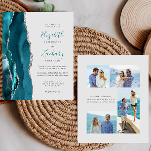 Budget Teal Gold Agate Gray 4-Photo Wedding Invite