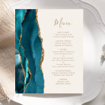 Budget Teal Gold Agate Ivory Wedding Menu<br><div class="desc">The left-hand edge of this elegant modern wedding menu features a teal blue watercolor agate border trimmed with faux gold glitter. The customisable text combines gold-coloured handwriting script and copperplate fonts on an ivory background. The reverse side features a matching teal and gold agate design.</div>