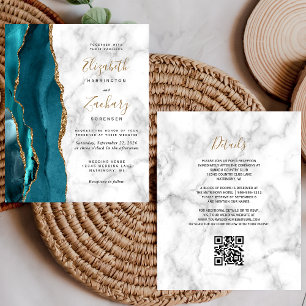 Budget Teal Gold Agate Marble QR Code Wedding