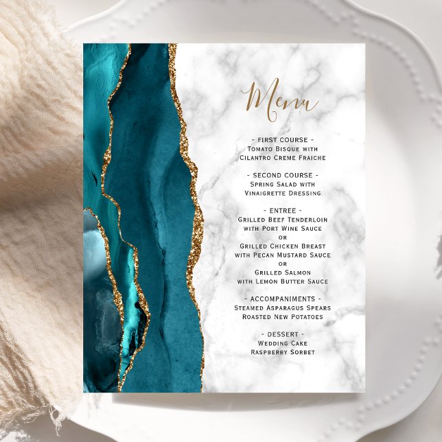 Budget Teal Gold Agate Marble Wedding Menu (Creator Uploaded)
