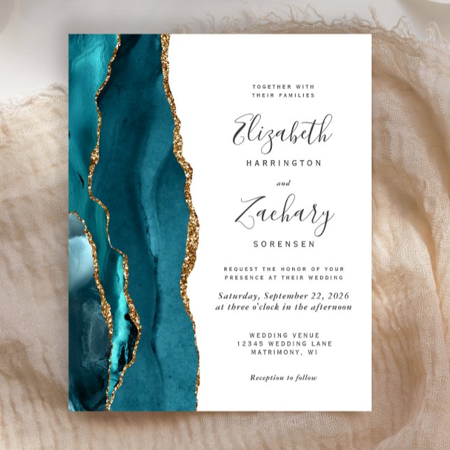 Budget Teal Gold Agate Modern Wedding Invitation (Creator Uploaded)