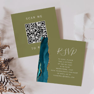 Budget Teal Gold Agate Olive Wedding QR Code RSVP Enclosure Card